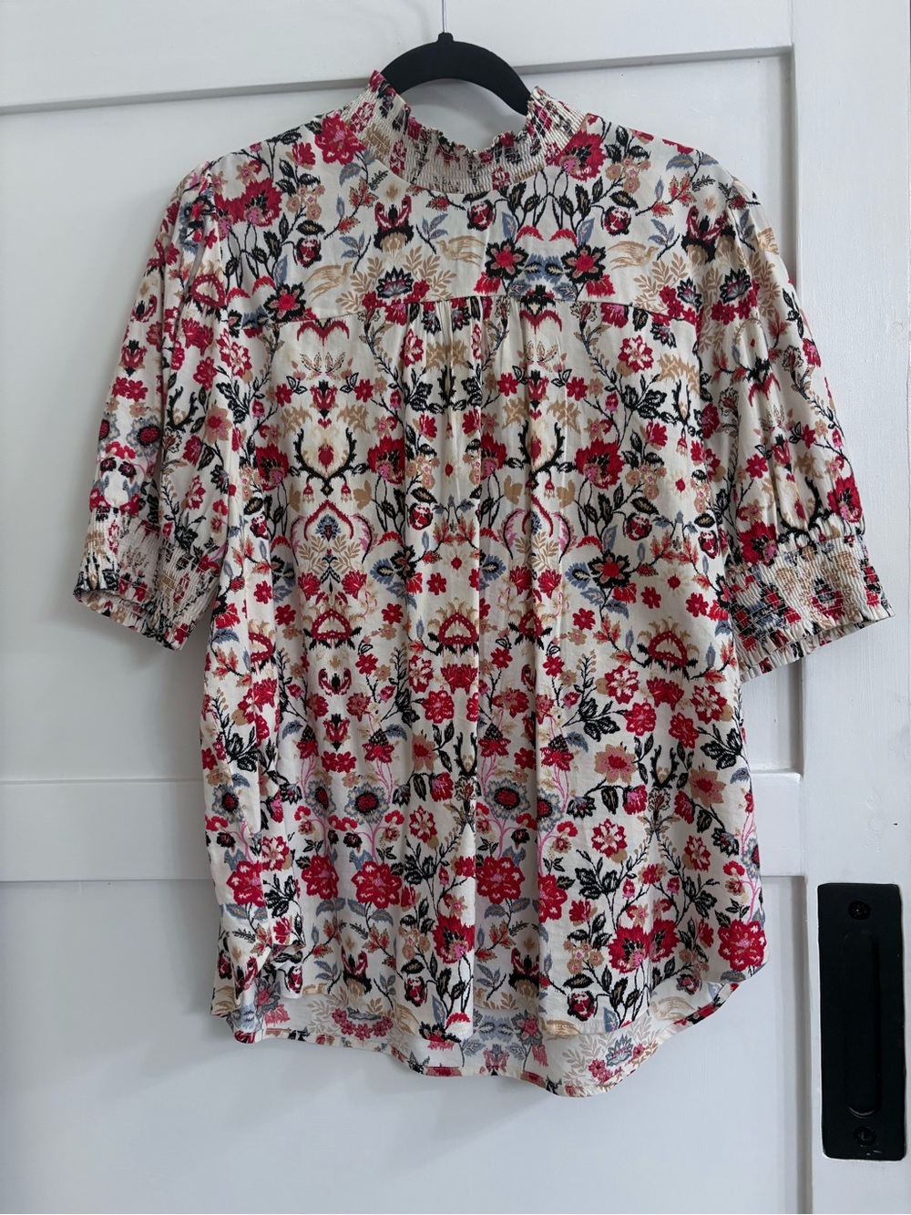 LOFT Floral Smocked Yoke Blouse in Cream with Red & Black Accents